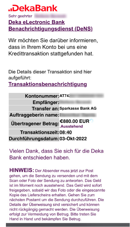 Screenshot einer betrügerischen Nachricht